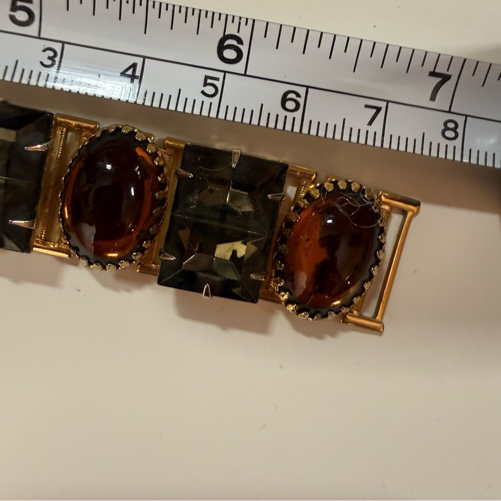 Antique 1930’s 40’s art deco oversized Amber Grey Glass Wide Gold Bracelet - Picture 13 of 17